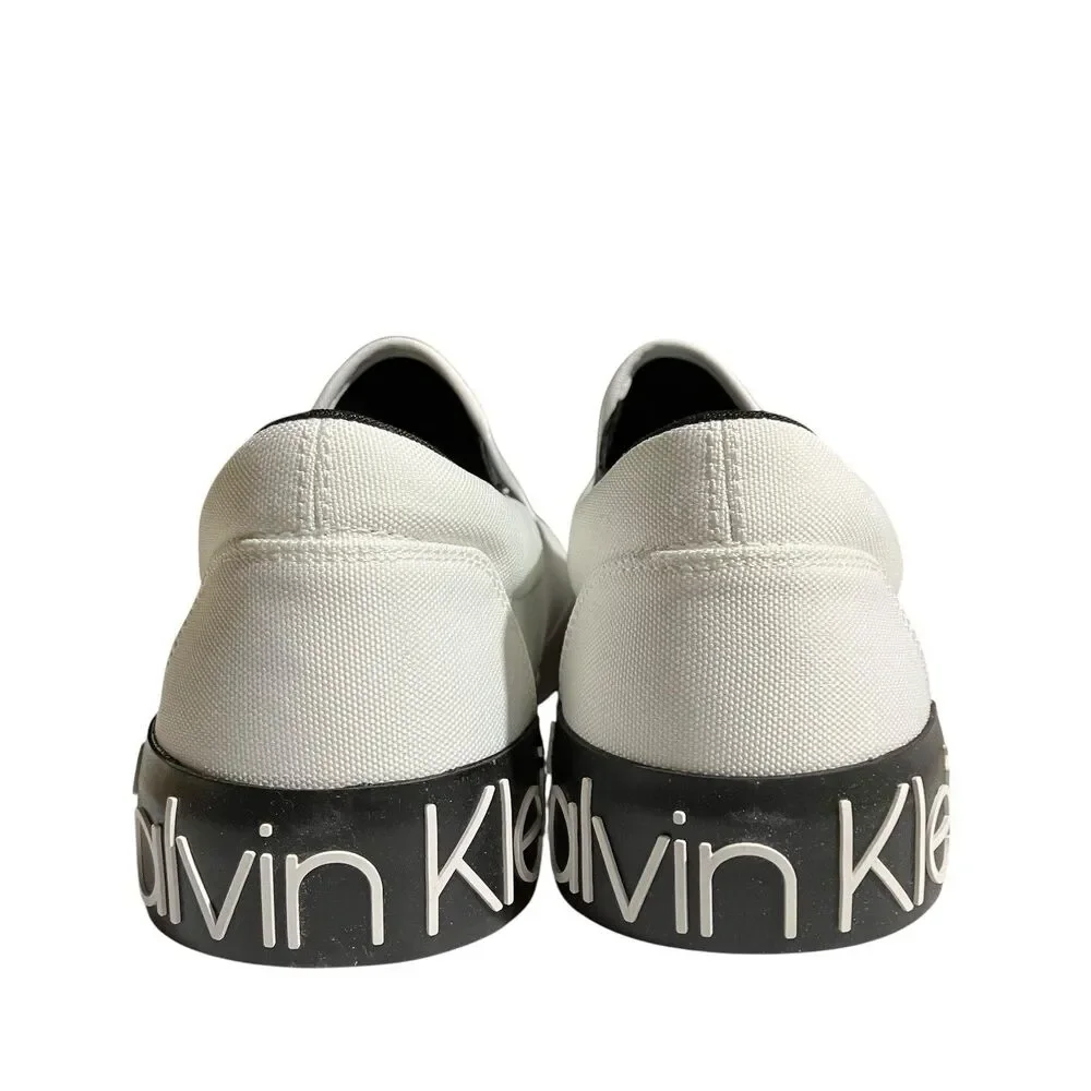 Calvin Klein Slip On Sneakers Mens 13 White Canvas Logo Casual‎ Shoes Coastal
